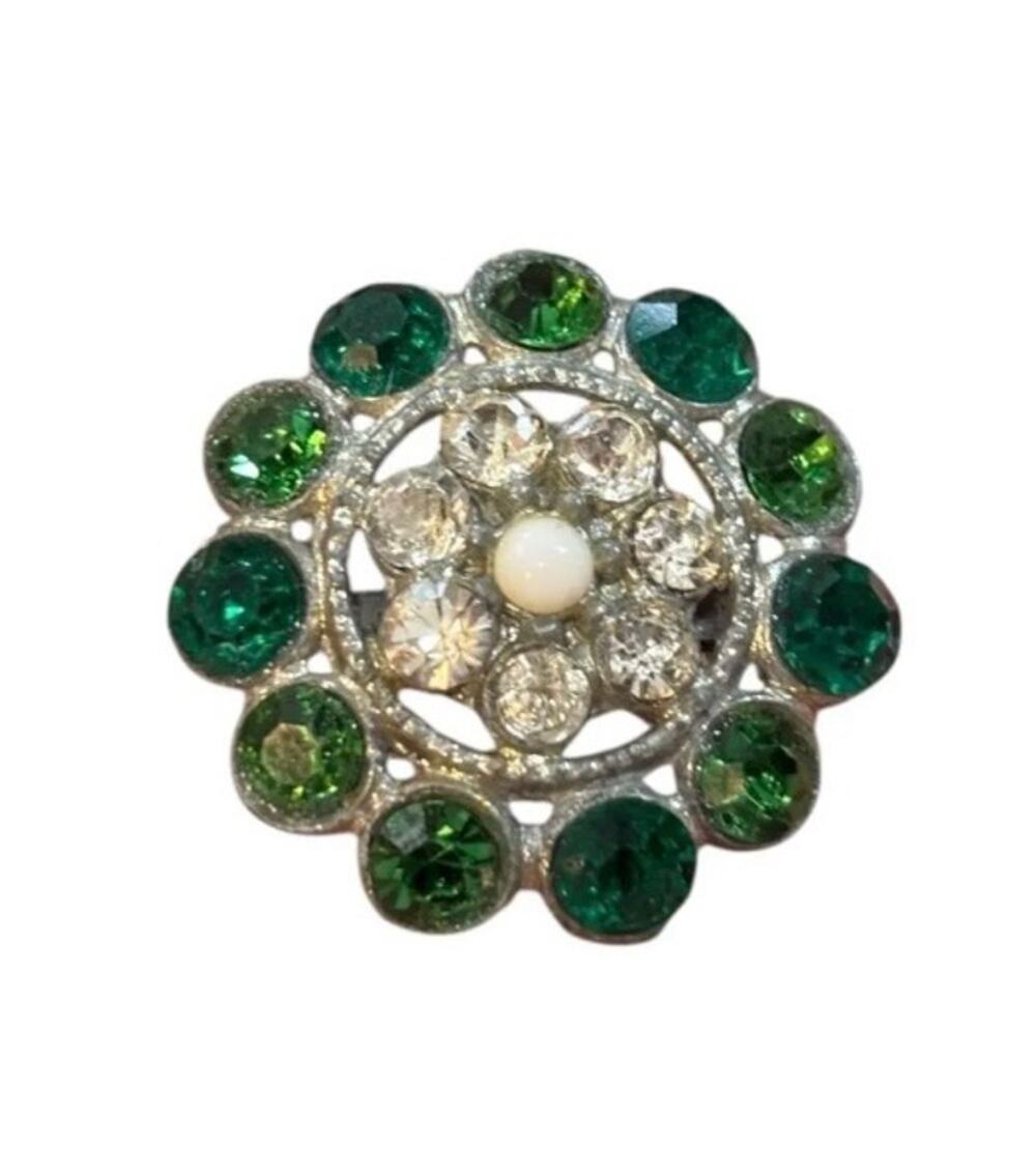 Vintage Emerald Green Rhinestone Brooch Round Cluster Pin Silver Tone Floral